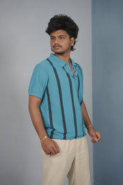 Trendy Vertical Stripe Short Sleeve Polo T Shirt for Men - Blue